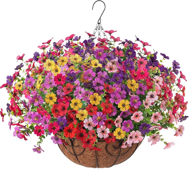 HyeFlora Artificial Fake Hanging Plants Flowers with Basket Outdoor Decor Faux Silk Dasiy Flower Arrangements in Pot Planter for Porch Home Indoor Patio Garden Yard Decoration - Image 1